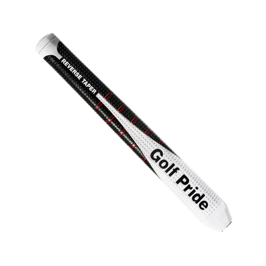 A Golf Pride putter grip with a black, white, and red color scheme, featuring reverse taper flat technology.