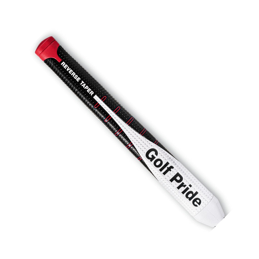 A Golf Pride putter grip with a black, white, red, and gray color scheme, featuring the brand's logo.