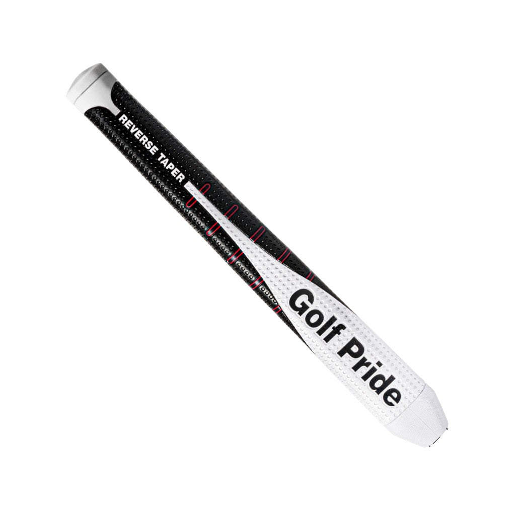 A Golf Pride putter grip with a black, white, red, and gray color scheme, featuring the brand's logo.