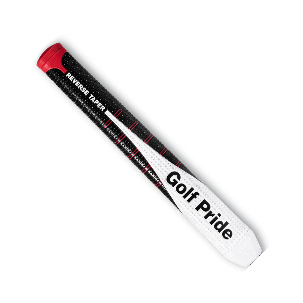 A Golf Pride putter grip with a black and white color scheme and red accents, featuring the text 'Golf Pride' prominently displayed.