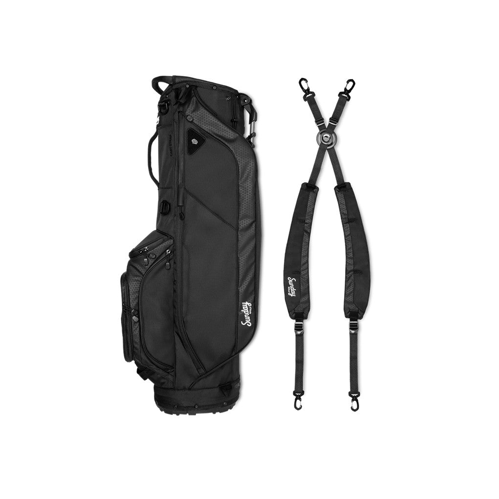 A full-size black golf stand bag with multiple pockets, a backpack-style strap, and a built-in carry handle dismantled straps.