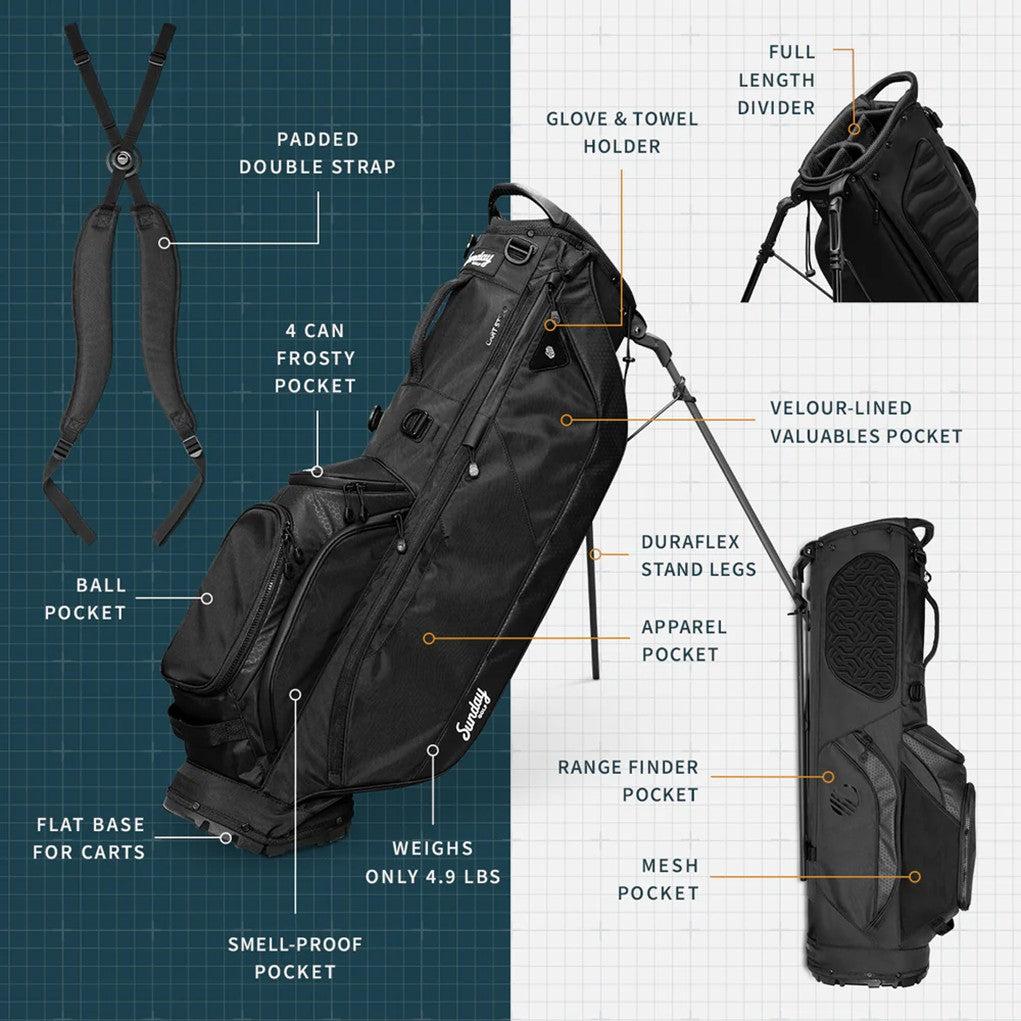 A full-size black golf stand bag with multiple pockets, a backpack-style strap, and a built-in carry handle brochure.