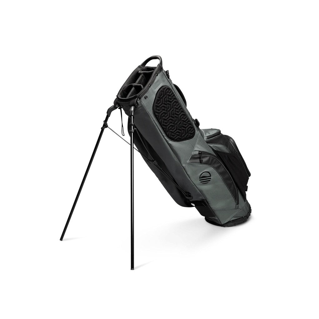 A full-size gray Sunday Golf stand bag with multiple pockets, a built-in carry handle, and a backpack-style strap system.