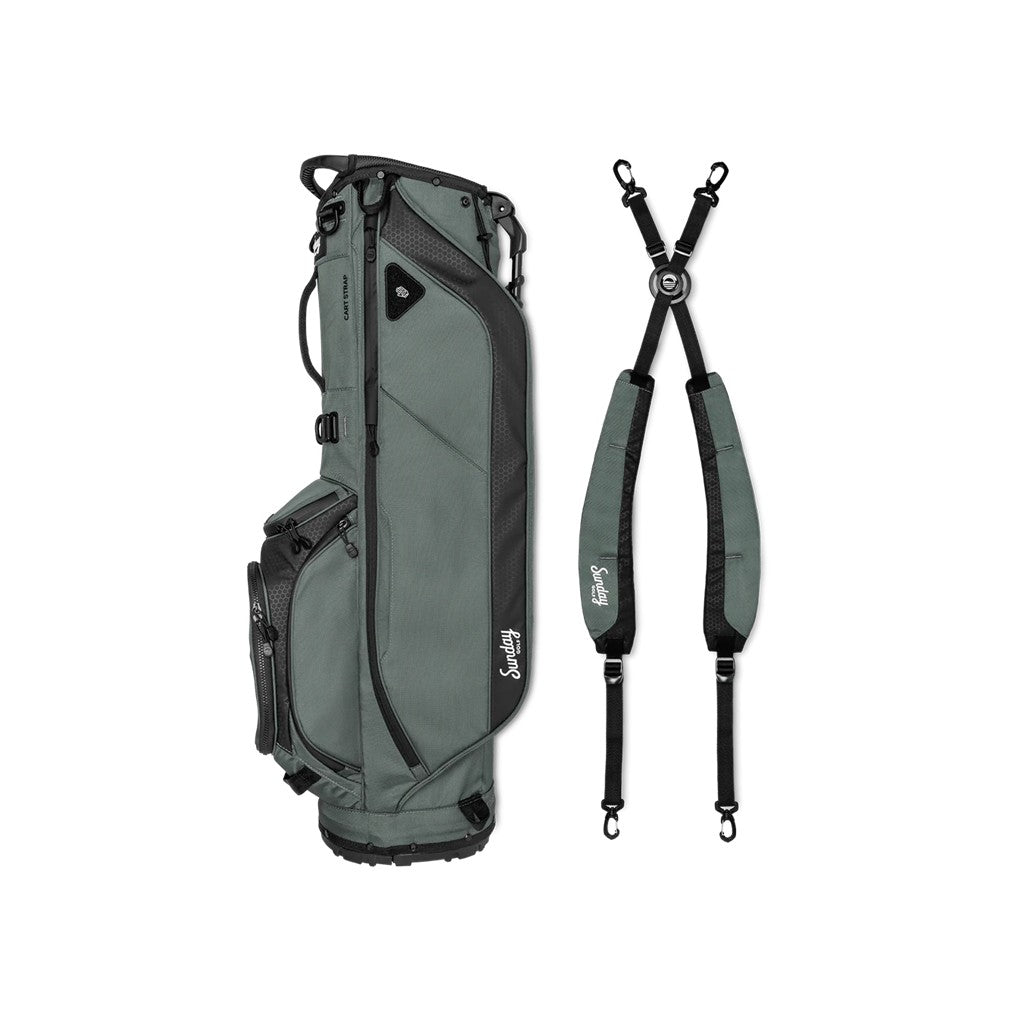 A full-size gray Sunday Golf stand bag with multiple pockets, a built-in carry handle, and a backpack-style strap system unfolded.