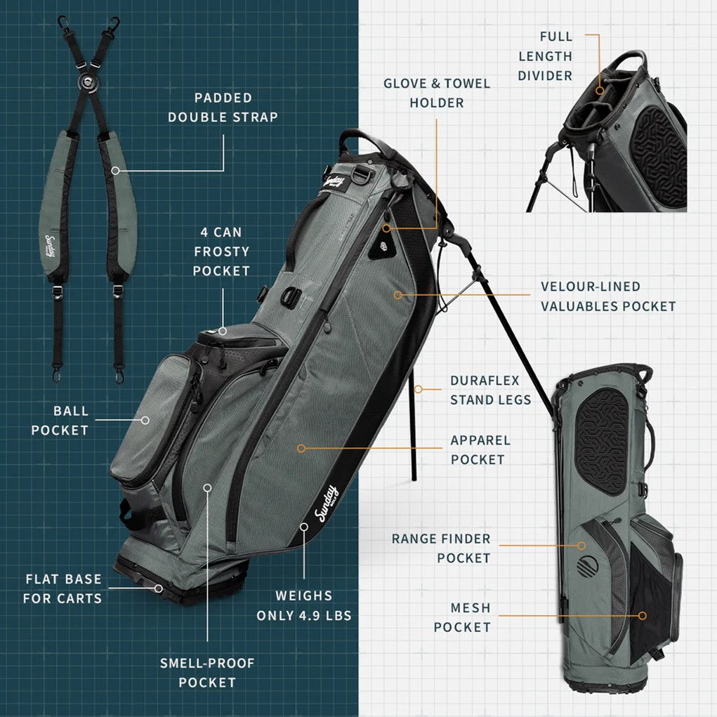 A full-size gray Sunday Golf stand bag with multiple pockets, a built-in carry handle, and a backpack-style strap system brochure.