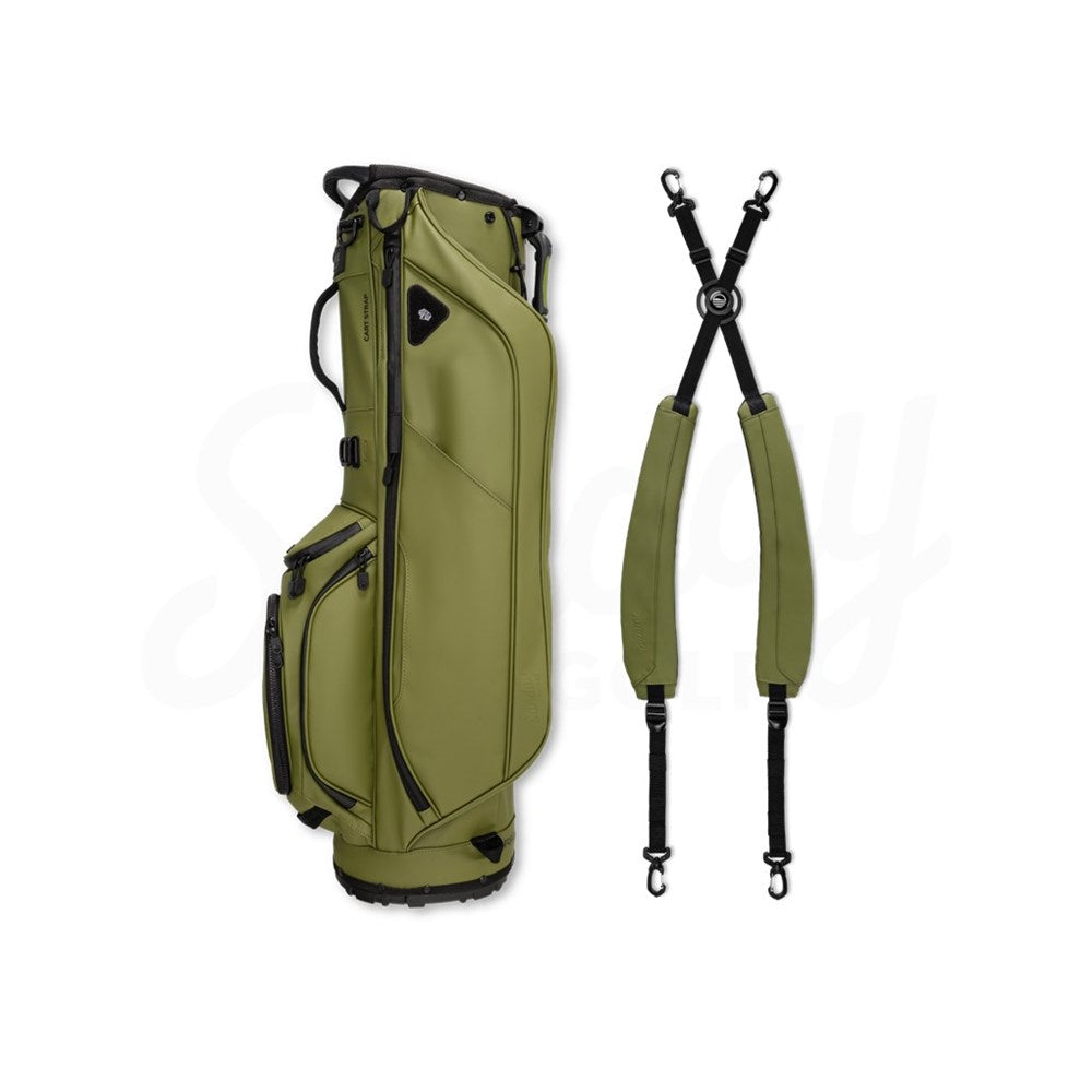 A green Sunday Golf Ryder S-Class golf bag with backpack style strap system, detachable shoulder straps.