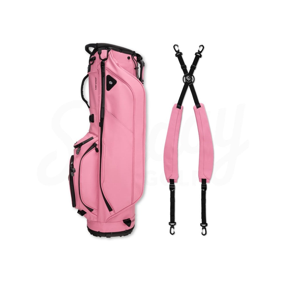 A dusty pink golf bag with black straps and details, equipped with multiple pockets, detachable shoulder straps.