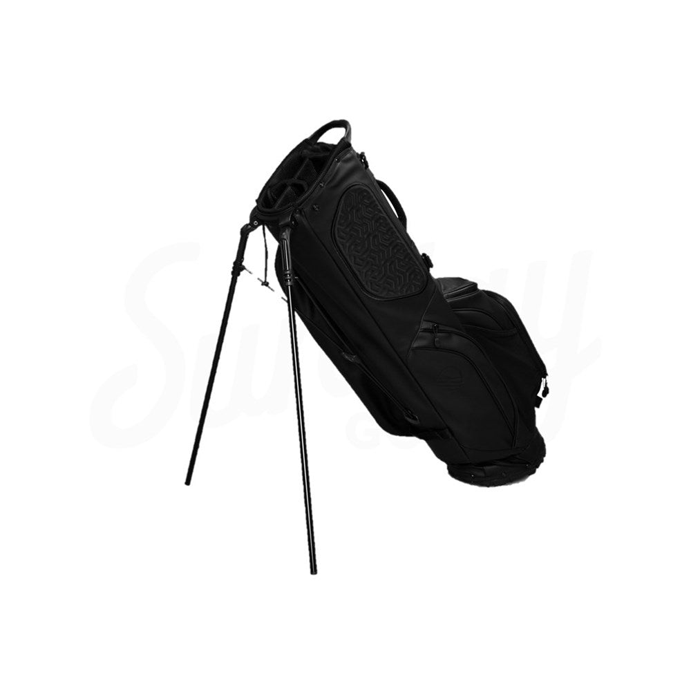 A black golf bag diffrent position with backpack straps and a stand mechanism, featuring multiple pockets including an insulated one for drinks.