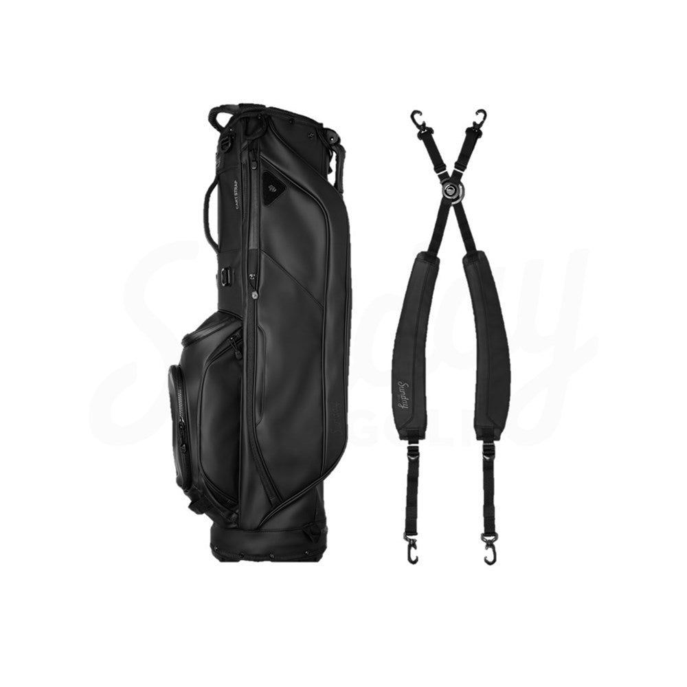 A black golf bag with detachable backpack straps, featuring multiple pockets including an insulated one for drinks.