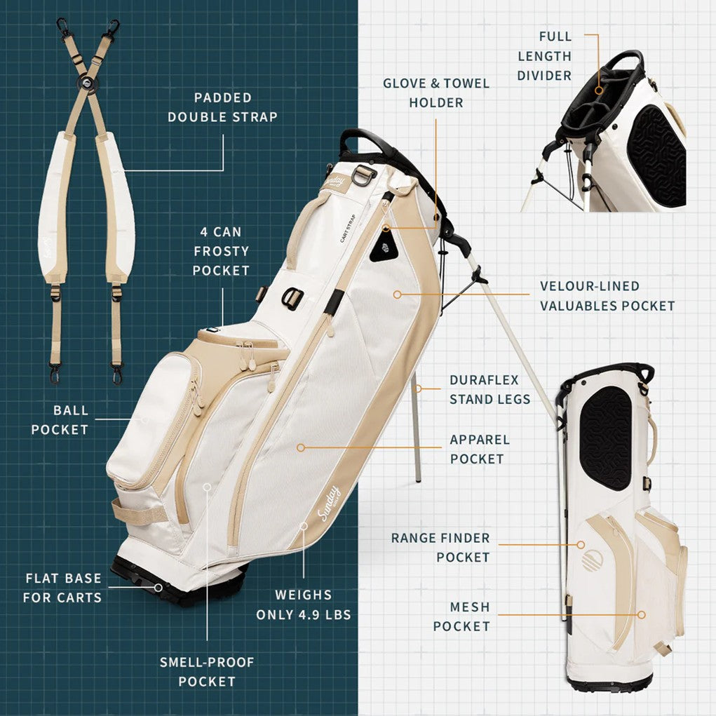 A full-size stand golf bag in beige and white, featuring multiple pockets, a built-in carry handle, and a backpack-style strap system brochure.
