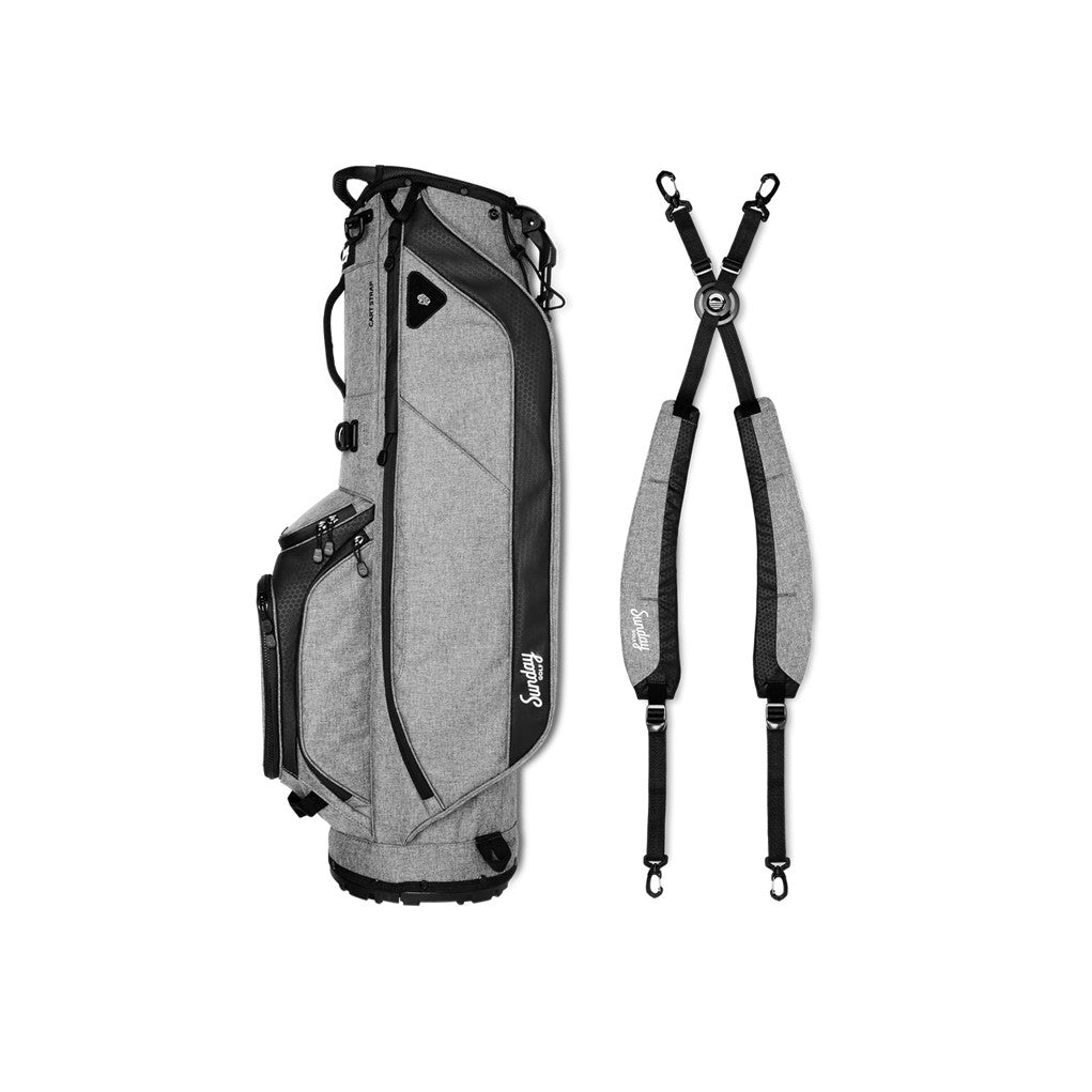 A full-size stand golf bag with multiple pockets, a built-in carry handle, and a backpack-style strap system dismantled.