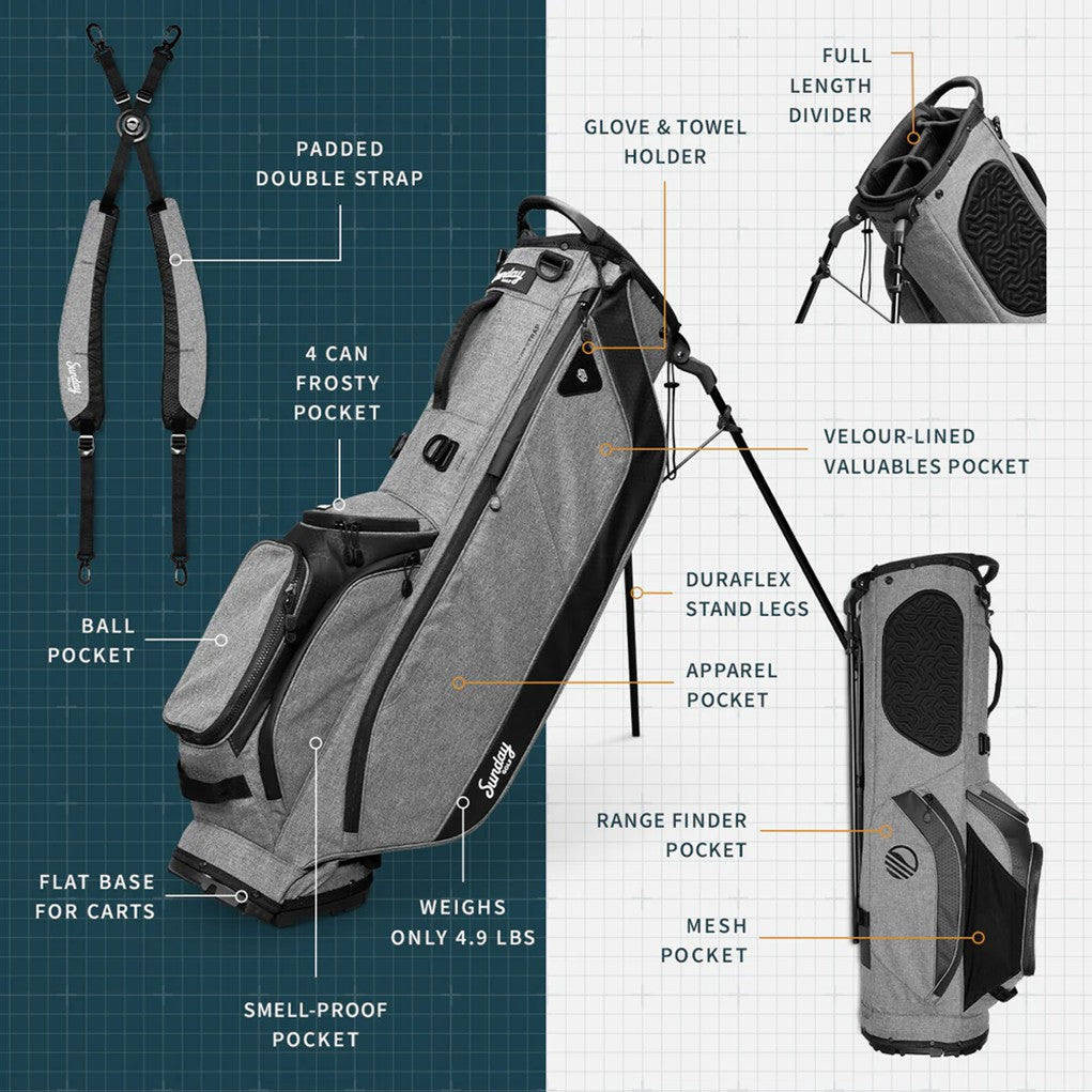 A full-size stand golf bag with multiple pockets, a built-in carry handle, and a backpack-style strap system brochure.