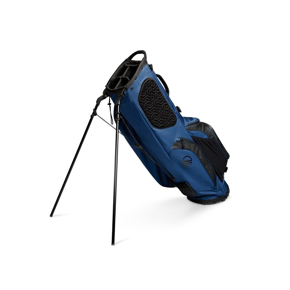 A full-size blue and black Sunday Golf stand bag with multiple pockets, a built-in carry handle, and backpack-style strap system. Unfolded