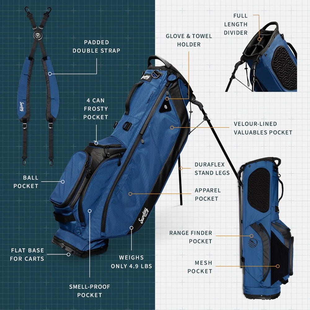A full-size blue and black Sunday Golf stand bag with multiple pockets, a built-in carry handle, and backpack-style strap system brochure.