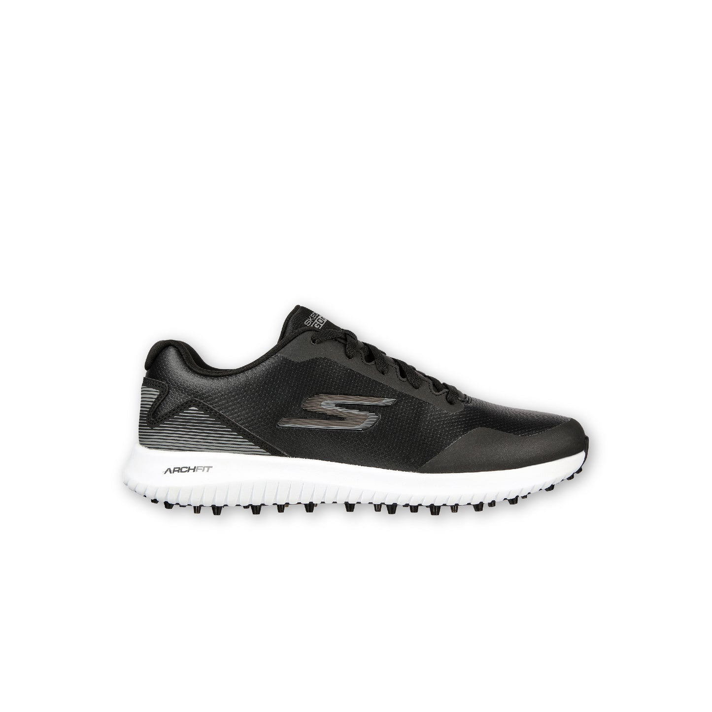 A pair of SKECHERS GO GOLF Max 2 black spikeless golf shoes with a lace-up synthetic upper and a removable Arch Fit insole system.