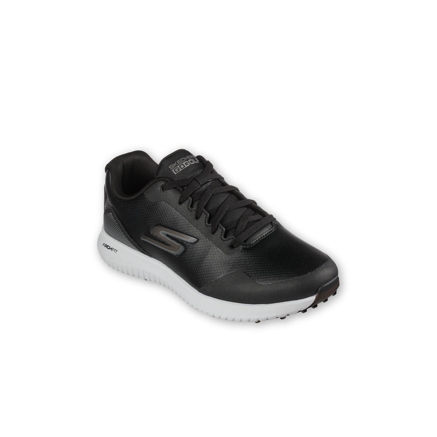 A pair of SKECHERS GO GOLF Max 2 black spikeless golf shoes with a lace-up synthetic upper and a removable Arch Fit insole system.