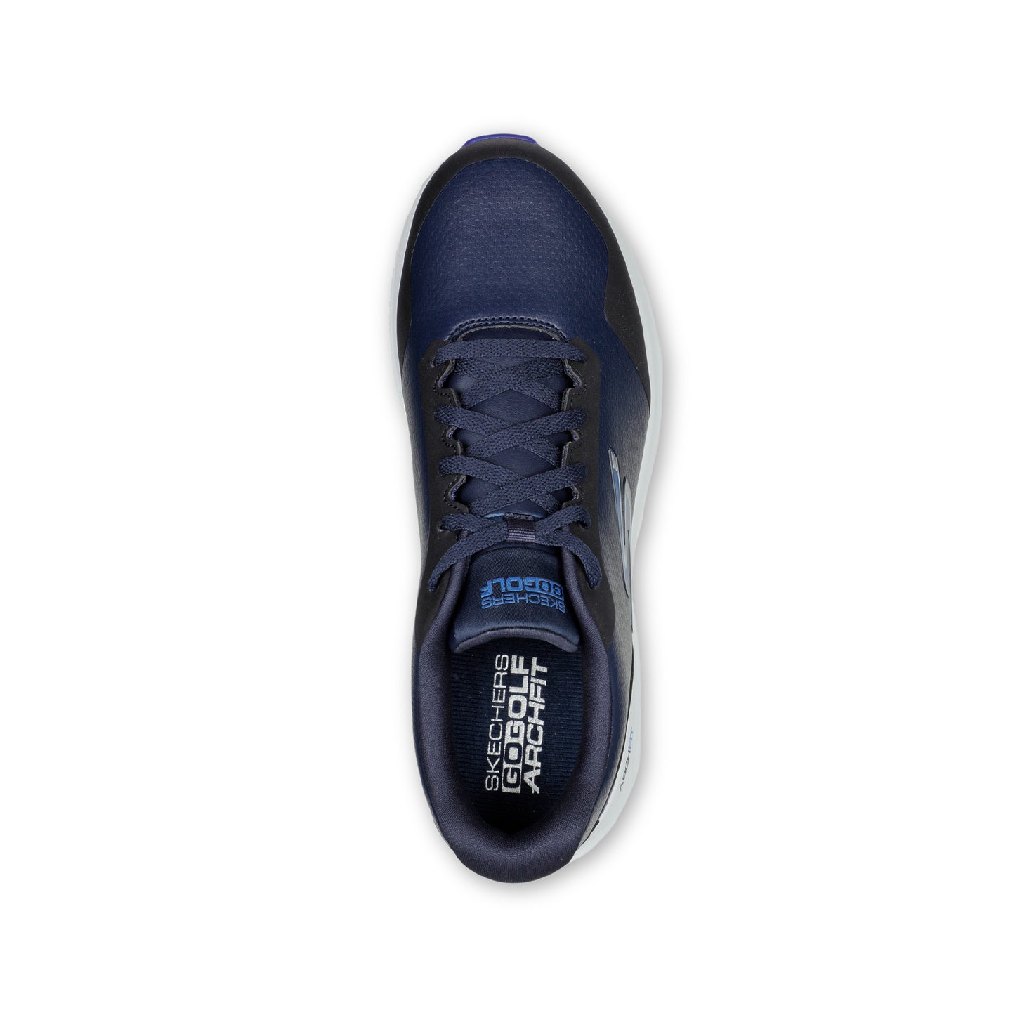 A pair of SKECHERS GO GOLF Max 2 navy athletic shoes with a lace-up front, spikeless design, and blue accents.