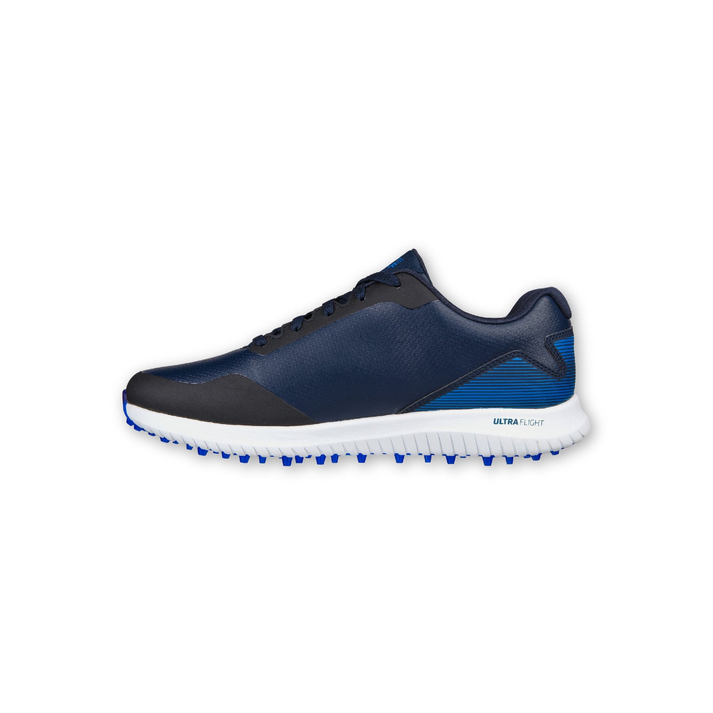 A pair of SKECHERS GO GOLF Max 2 navy athletic shoes with a lace-up front, spikeless design, and blue accents.