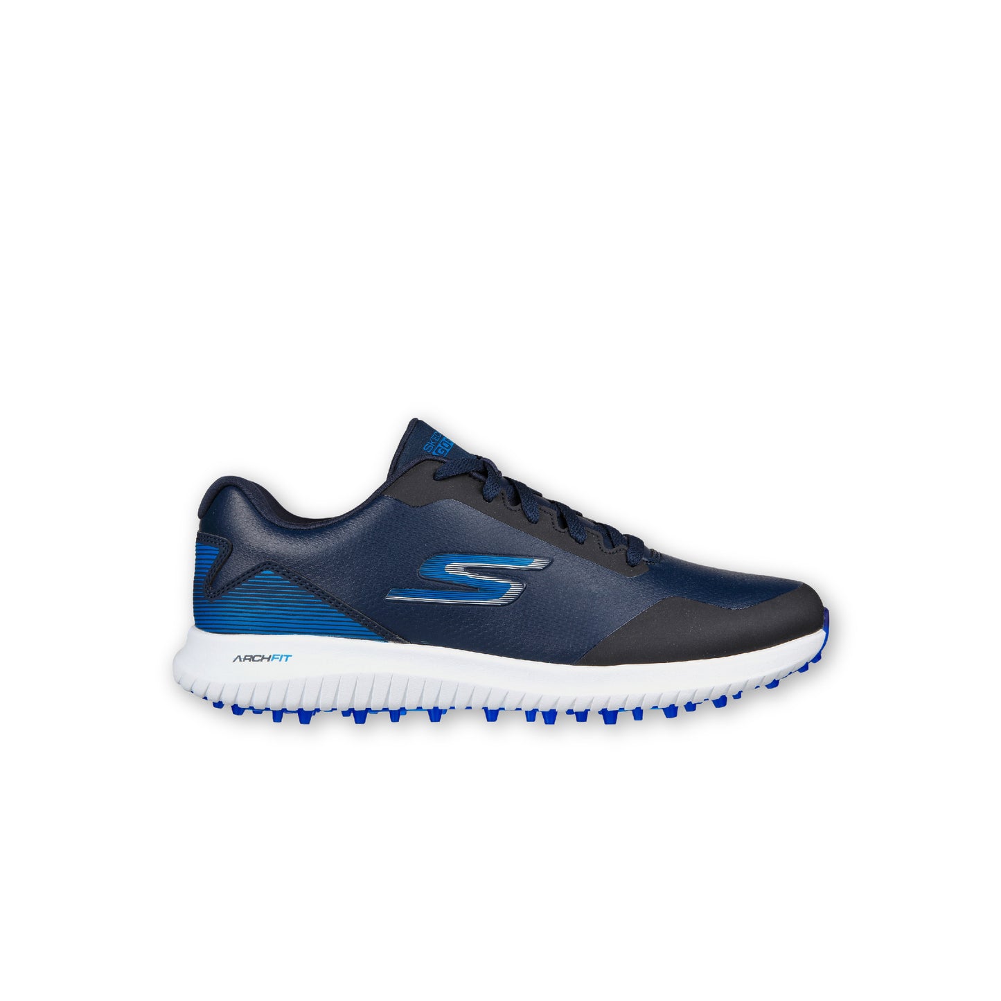 A pair of SKECHERS GO GOLF Max 2 navy athletic shoes with a lace-up front, spikeless design, and blue accents.