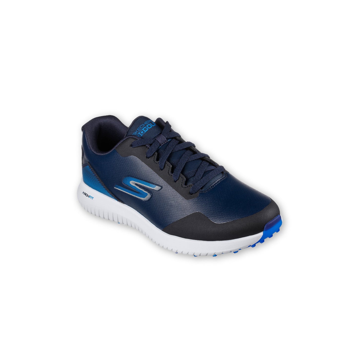 A pair of SKECHERS GO GOLF Max 2 navy athletic shoes with a lace-up front, spikeless design, and blue accents.