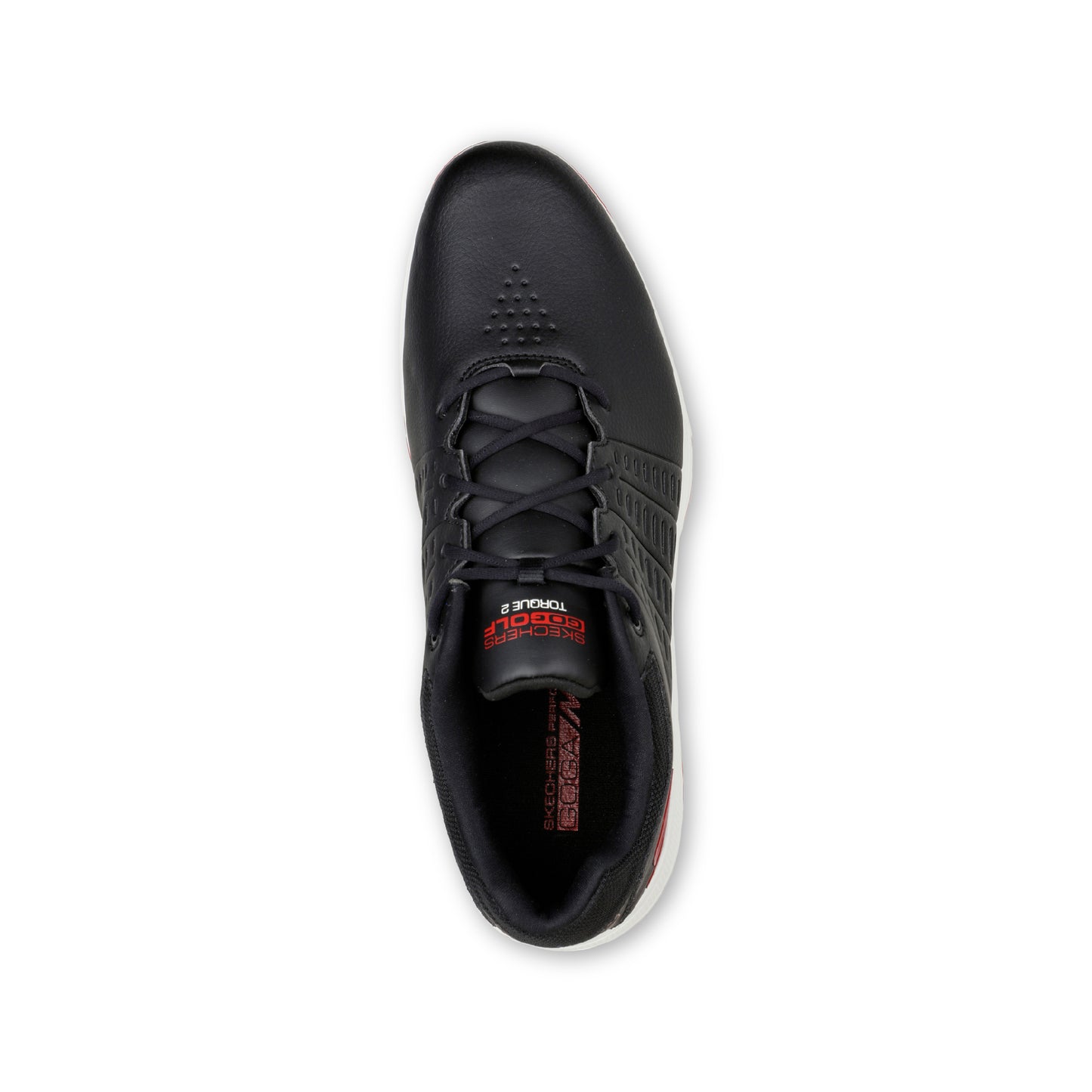 A black SKECHERS GO GOLF men's golf shoe with red accents and a white sole.