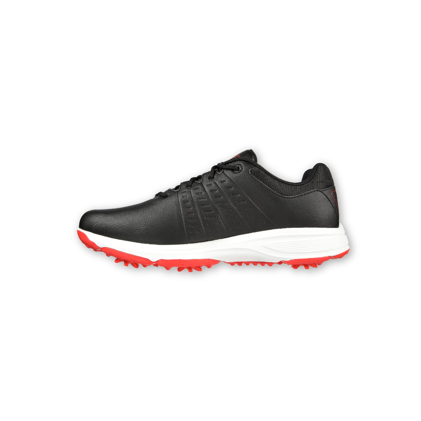 A black SKECHERS GO GOLF men's golf shoe with red accents and a white sole.
