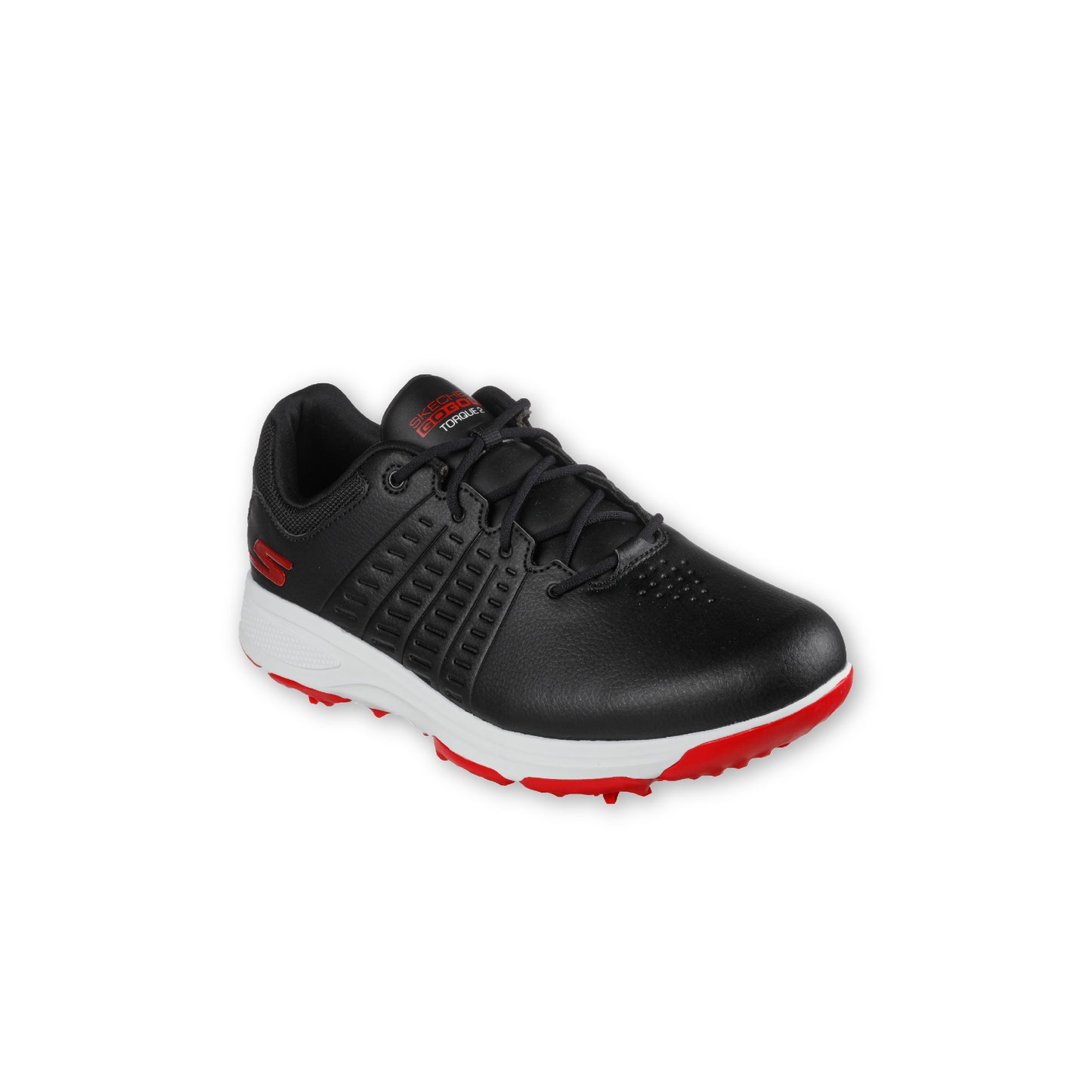 A black SKECHERS GO GOLF men's golf shoe with red accents and a white sole.