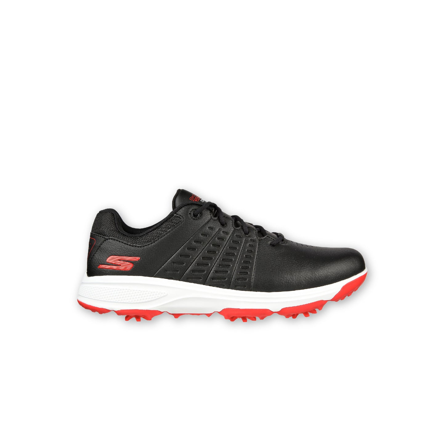 A black SKECHERS GO GOLF men's golf shoe with red accents and a white sole.