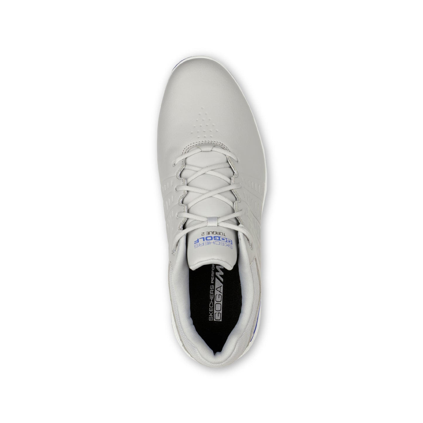 A pair of SKECHERS GO GOLF men's golf shoes in Torque Grey color with a leather-look finish, featuring a rubber grip outsole and softspikes for traction.