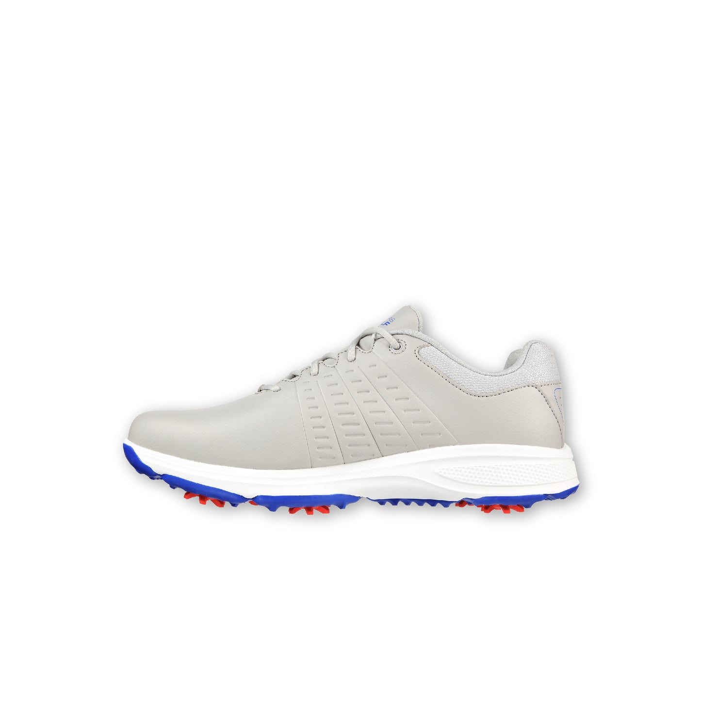 A pair of SKECHERS GO GOLF men's golf shoes in Torque Grey color with a leather-look finish, featuring a rubber grip outsole and softspikes for traction.