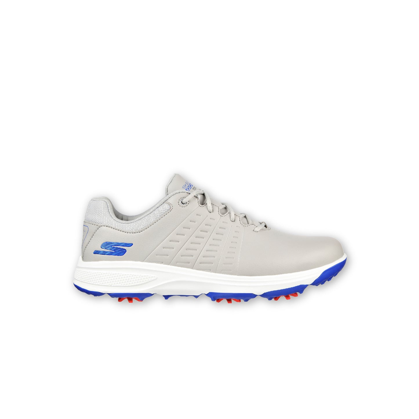 A pair of SKECHERS GO GOLF men's golf shoes in Torque Grey color with a leather-look finish, featuring a rubber grip outsole and softspikes for traction.