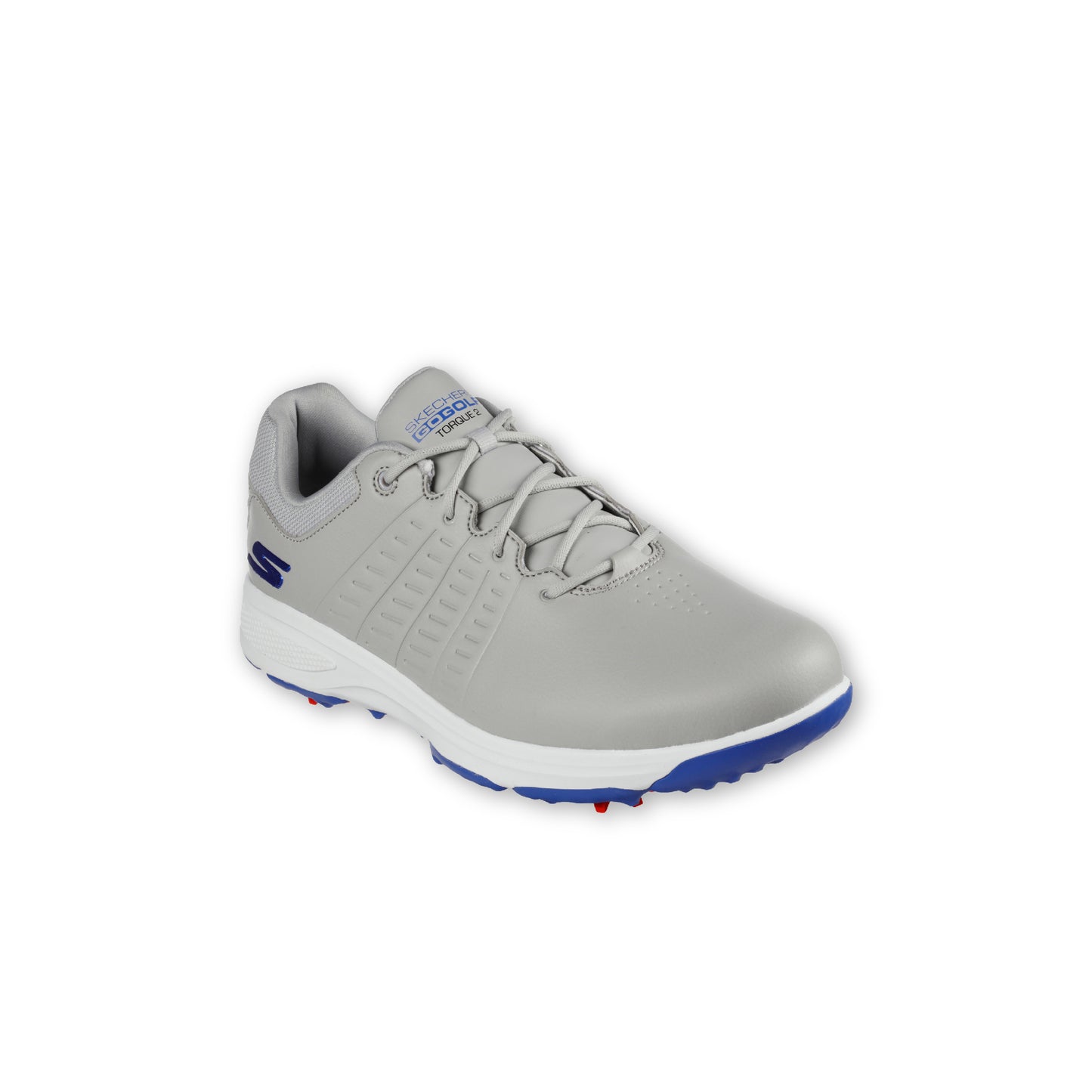 A pair of SKECHERS GO GOLF men's golf shoes in Torque Grey color with a leather-look finish, featuring a rubber grip outsole and softspikes for traction.