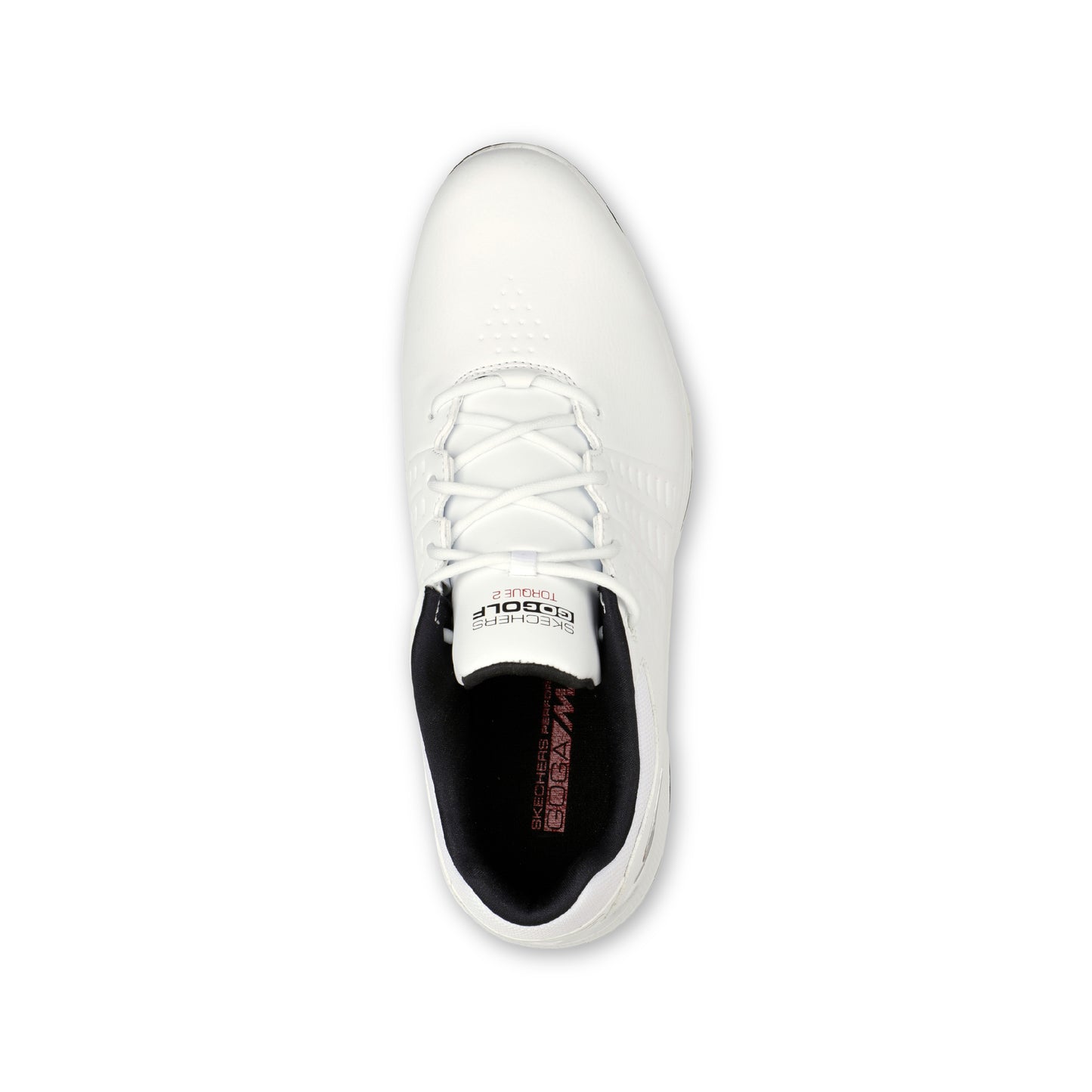 A white SKECHERS GO GOLF Men's - Torque golf shoe with a leather-look finish and red and black details on the outsole.