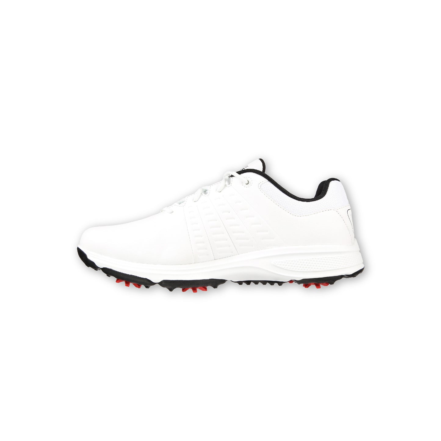 A white SKECHERS GO GOLF Men's - Torque golf shoe with a leather-look finish and red and black details on the outsole.