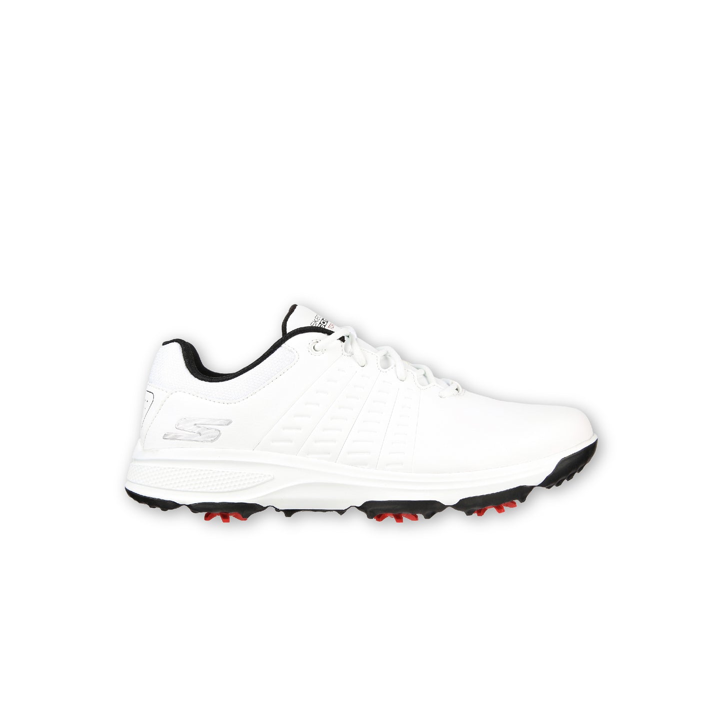 A white SKECHERS GO GOLF Men's - Torque golf shoe with a leather-look finish and red and black details on the outsole.