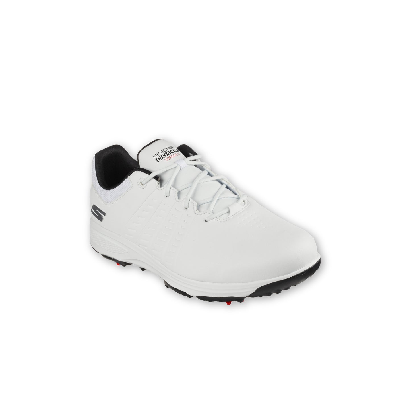 A white SKECHERS GO GOLF Men's - Torque golf shoe with a leather-look finish and red and black details on the outsole.