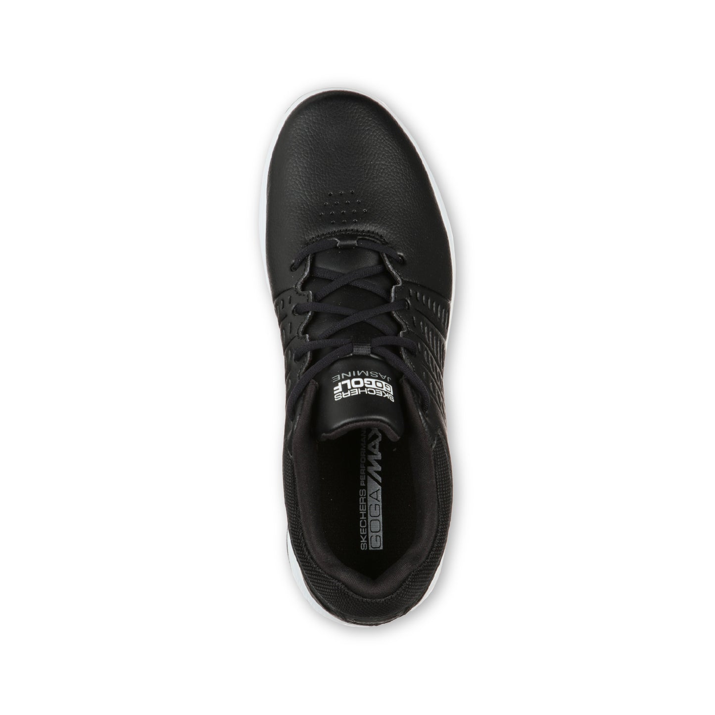 A black Skechers GO GOLF women's golf shoe with a lace-up front, synthetic duraleather upper, and red accents on the sole.