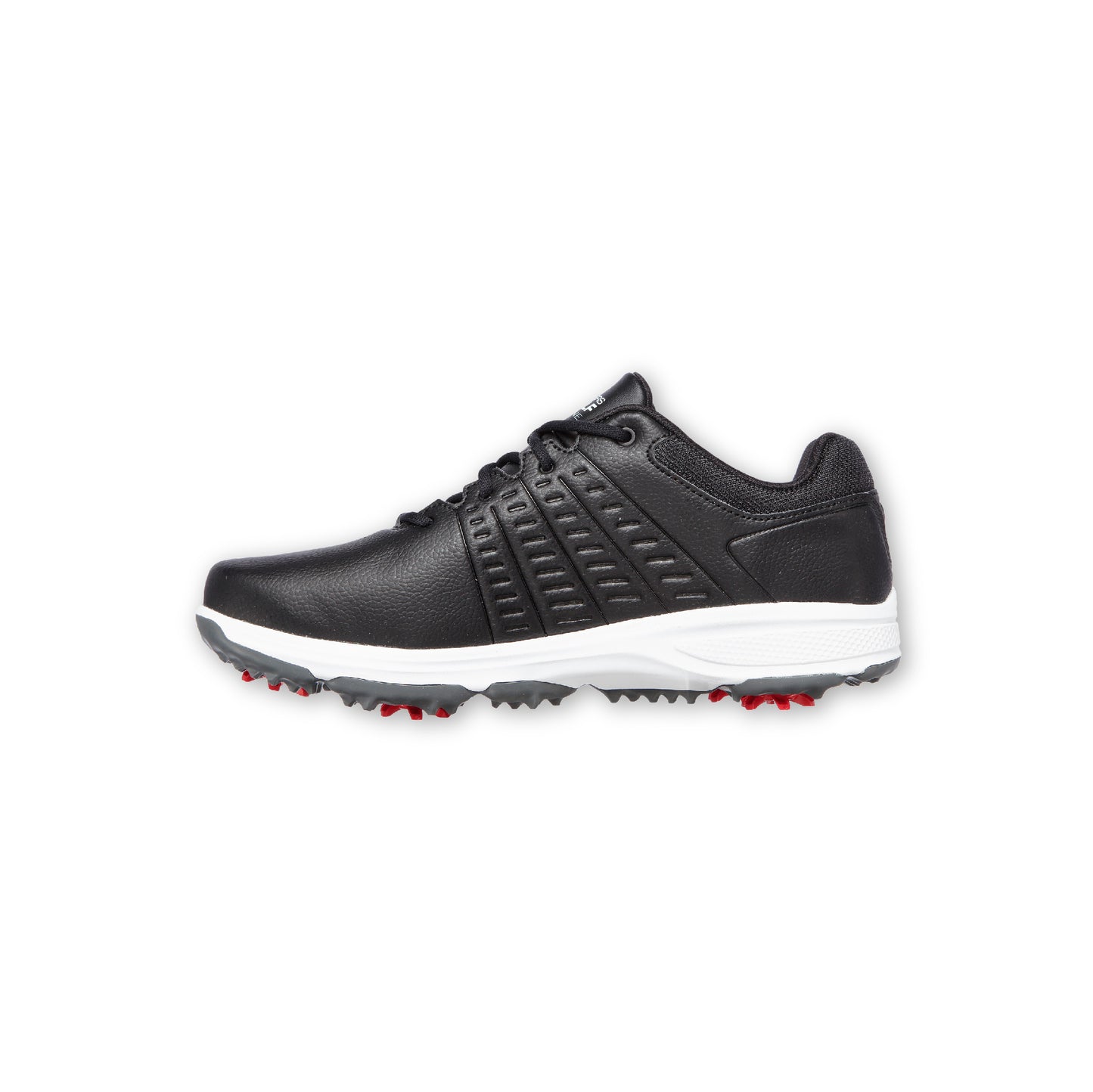A black Skechers GO GOLF women's golf shoe with a lace-up front, synthetic duraleather upper, and red accents on the sole.