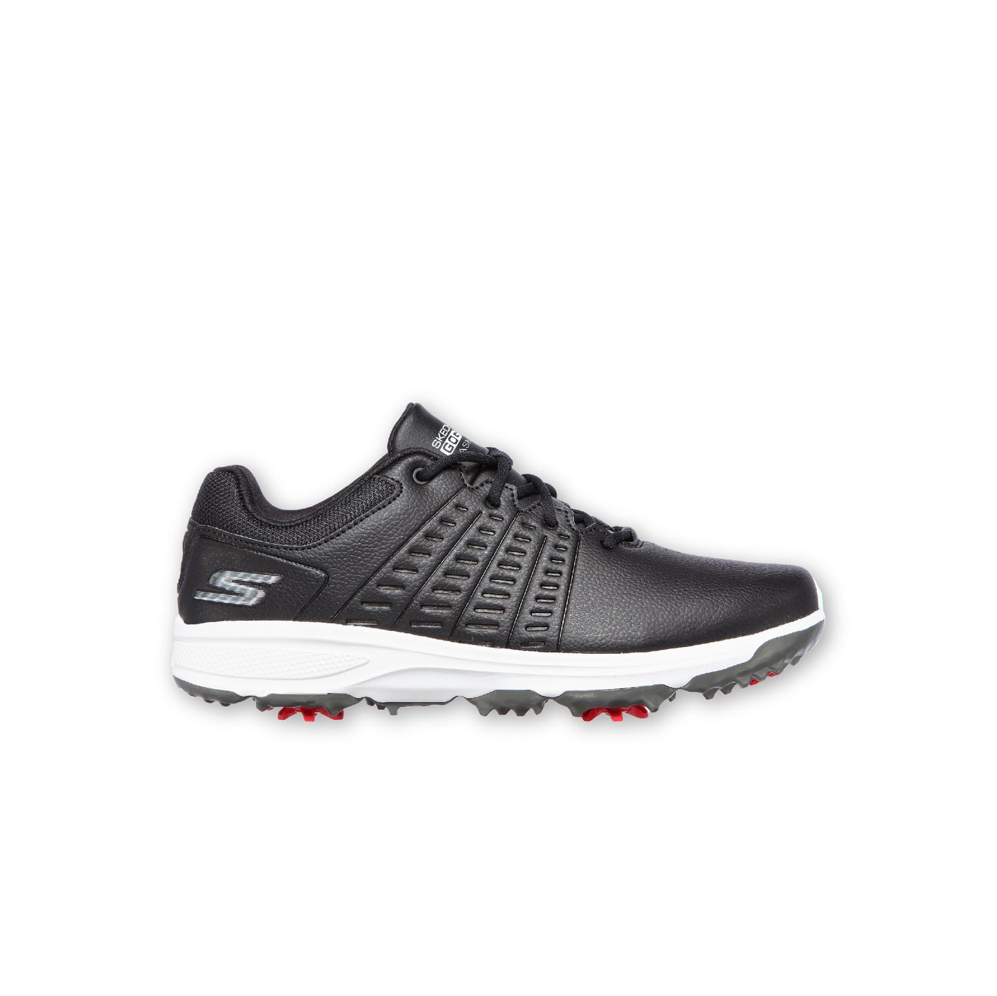 A black Skechers GO GOLF women's golf shoe with a lace-up front, synthetic duraleather upper, and red accents on the sole.