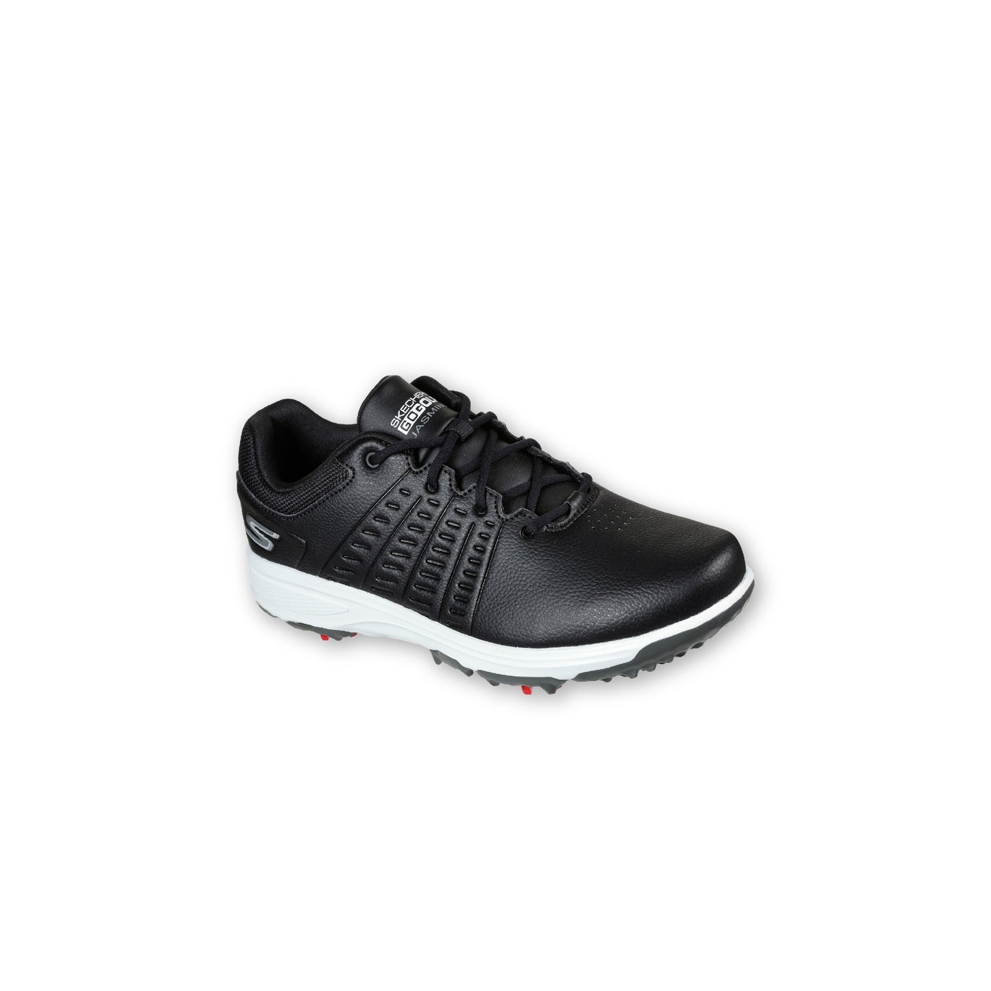 A black Skechers GO GOLF women's golf shoe with a lace-up front, synthetic duraleather upper, and red accents on the sole.