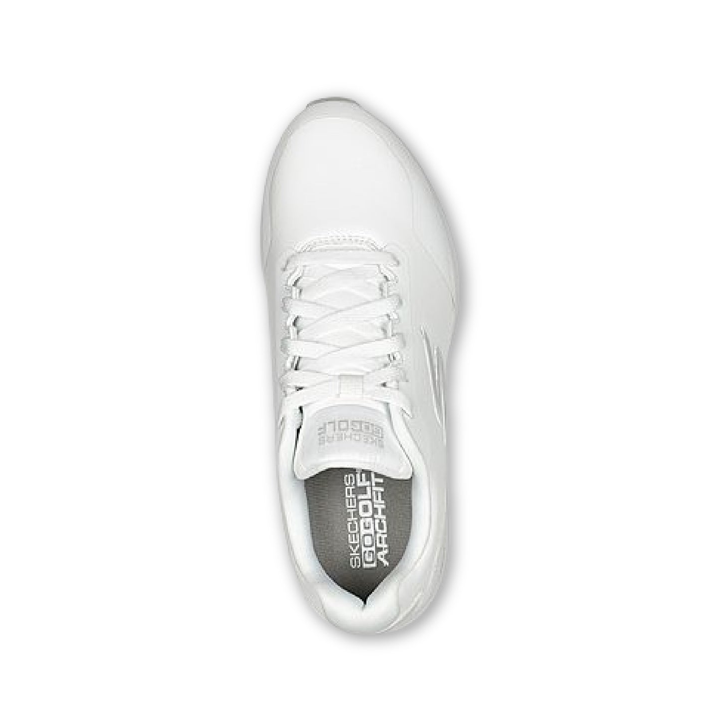 A white SKECHERS GO GOLF women's spikeless golf shoe with a synthetic upper and a removable insole.