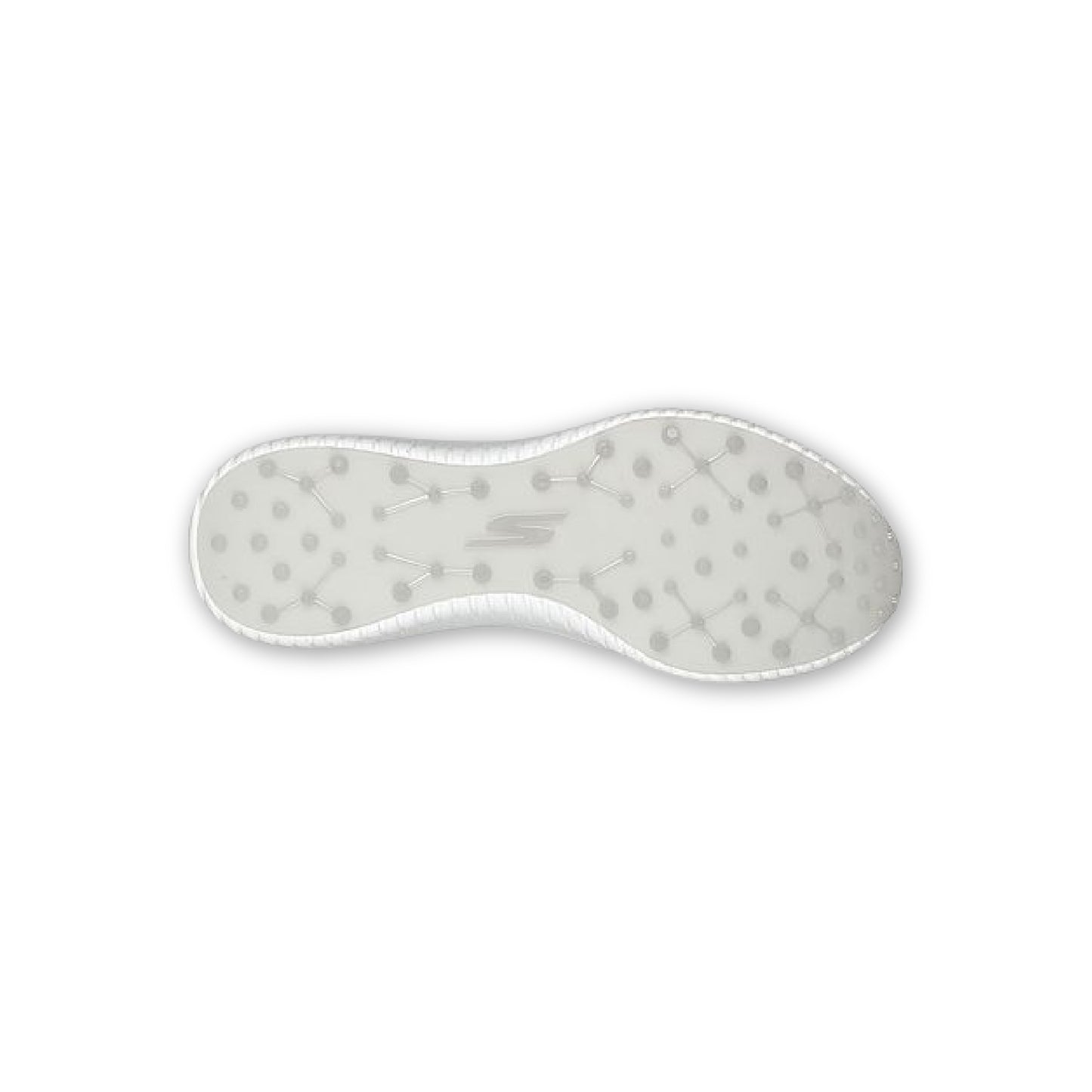 A white SKECHERS GO GOLF women's spikeless golf shoe with a synthetic upper and a removable insole.