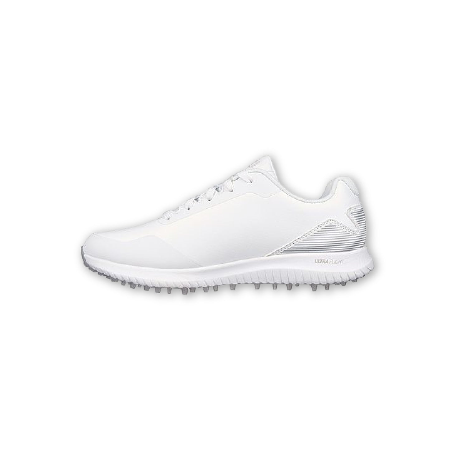 A white SKECHERS GO GOLF women's spikeless golf shoe with a synthetic upper and a removable insole.