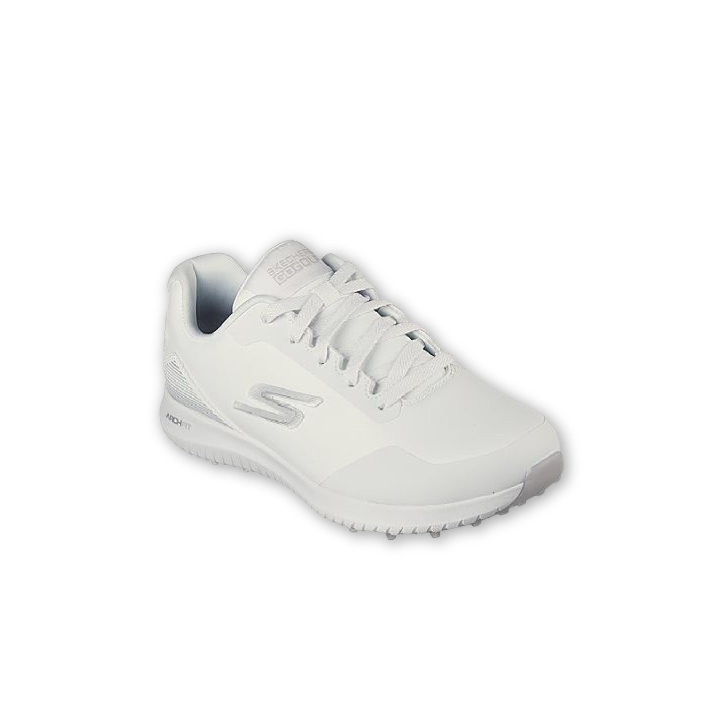 A white SKECHERS GO GOLF women's spikeless golf shoe with a synthetic upper and a removable insole.