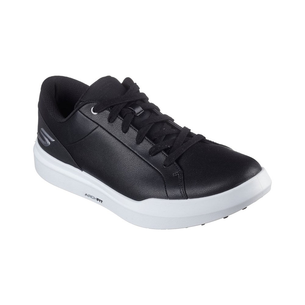 A black Skechers GO GOLF Drive 6 spikeless golf shoe with a white sole, featuring a lace-up front and the Skechers logo on the side. Side view
