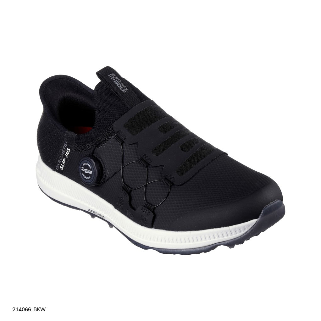 A black Skechers slip-on golf shoe with a synthetic upper and a spikeless traction outsole, featuring a Twist Fit dial closure.