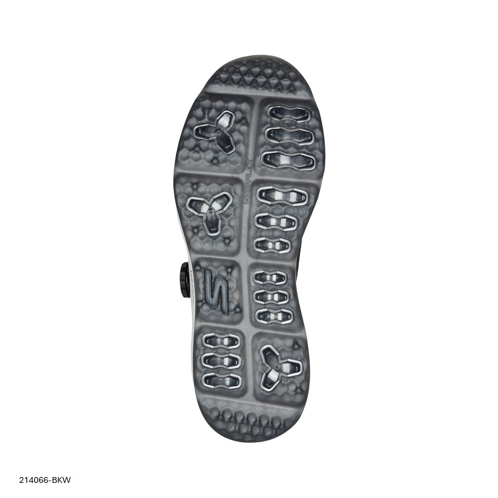 A black Skechers slip-on golf shoe with a synthetic upper and a spikeless traction outsole, featuring a Twist Fit dial closure.