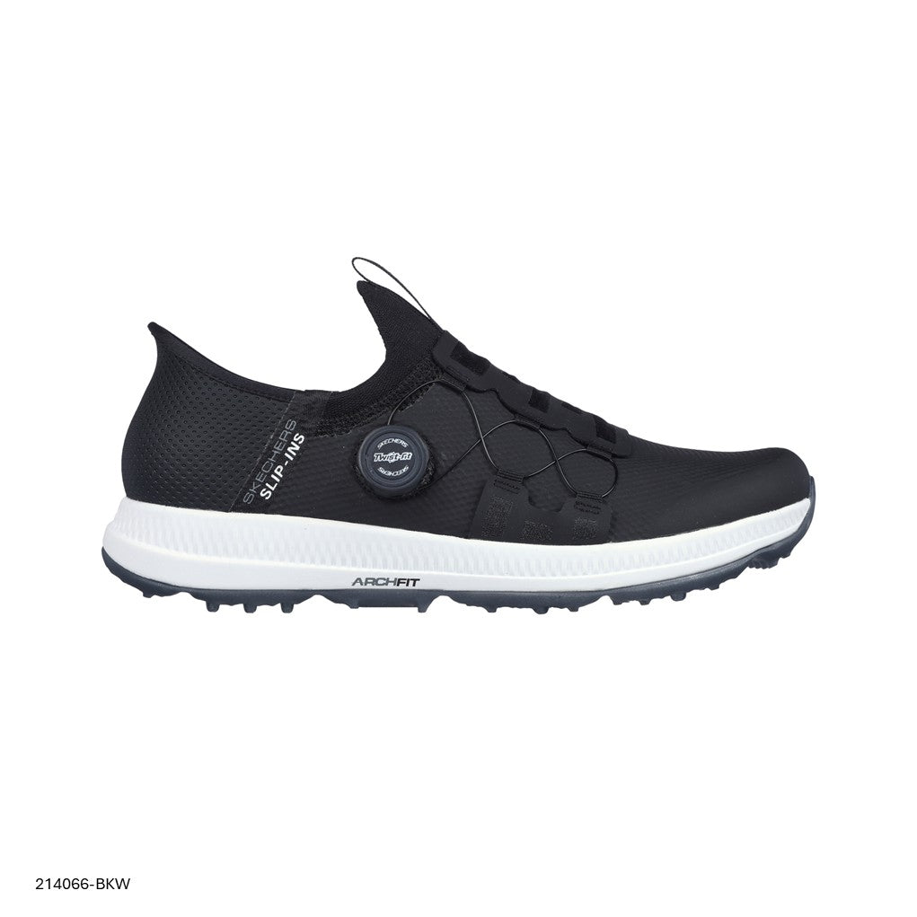 A black Skechers slip-on golf shoe with a synthetic upper and a spikeless traction outsole, featuring a Twist Fit dial closure.
