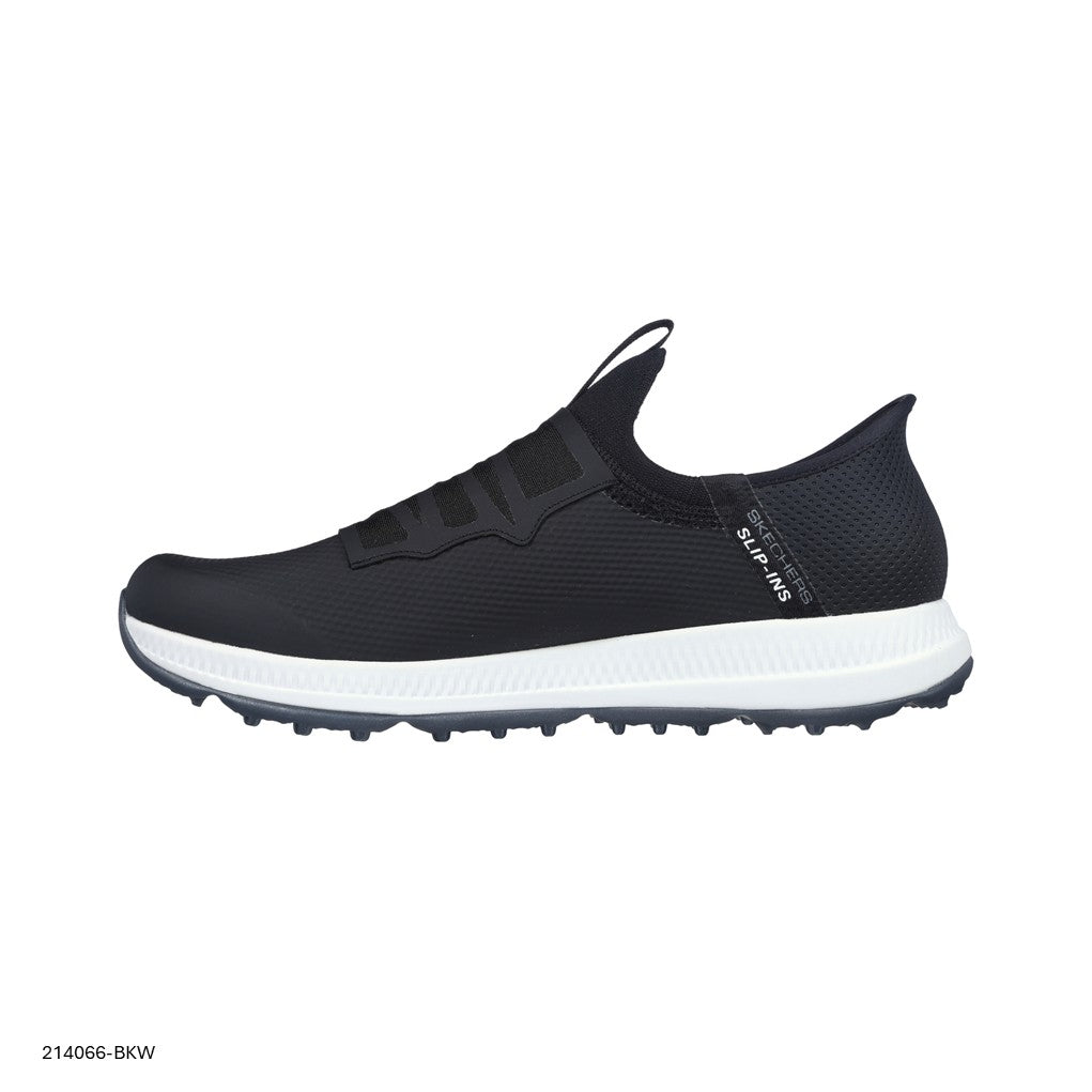 A black Skechers slip-on golf shoe with a synthetic upper and a spikeless traction outsole, featuring a Twist Fit dial closure.