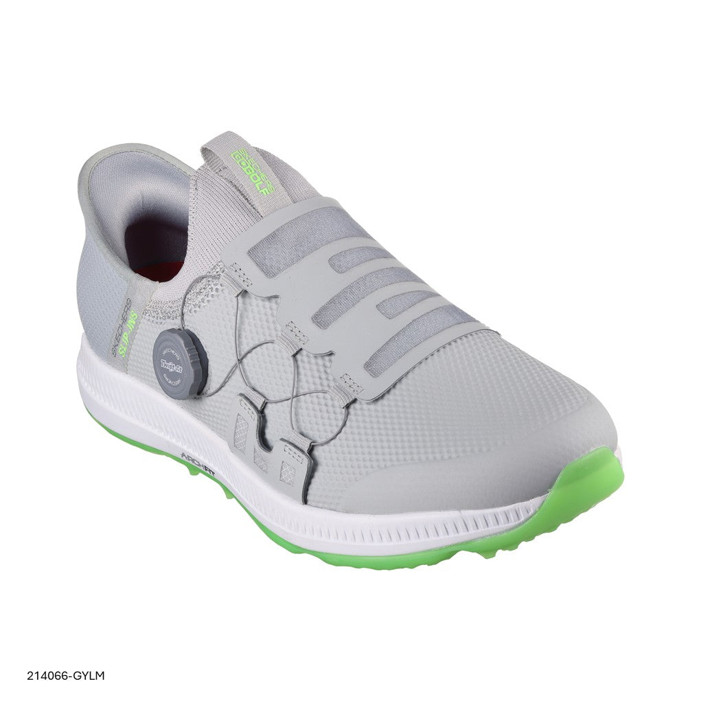 A pair of Skechers GO GOLF Elite 5 spikeless grey golf shoes with green accents and a white outsole.